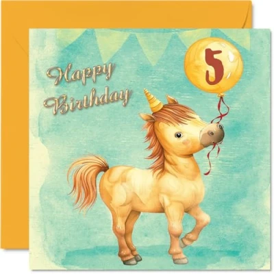 Image of 5th Birthday Card Girl Fantasy Unicorn for 5 Year Old Girl, Age Girls Cards, 145mm x Cute Five Fifth Greeting