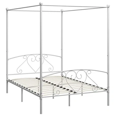 Image of vidaXL Metal Canopy Bed Frame with Slatted Base, Modern Style White Double Bed, Sturdy Construction, 160x200 cm Mattress Compatible