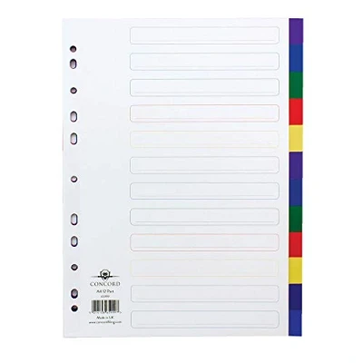 Image of Concord Plastic Subject Dividers Polypropylene 120 Micron Europunched 12 Part A4 Assorted Ref 65999