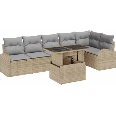 Image of vidaXL 7 Piece Garden Sofa Set with Cushions Beige Poly Rattan