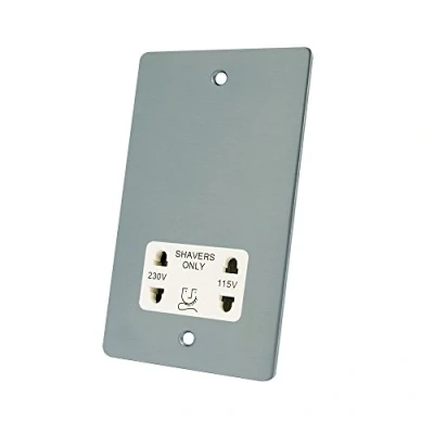 Image of AET FSCSHAWH Satin Chrome Flat White Insert 2 Gang Dual Voltage 115V/230V Shaver Socket, 240 V