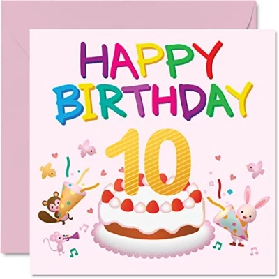 Image of 10th Birthday Card Girl Critter Party Happy 10 Year Old Girl, Girls Cards for Her, 145mm x Greeting Daughter Niece Granddaughter Kid Children
