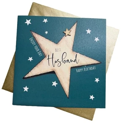 Image of WHITE COTTON CARDS HUSBAND BIG STAR DESIGN, BIRTHDAY CARD, HAND FINISHED (S198 H)