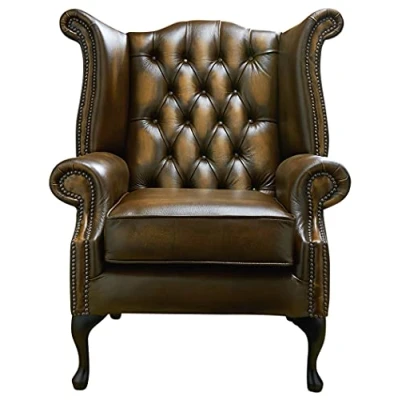 Image of Chesterfield Genuine Antique Leather Queen Anne chair (3 Colour choices) (Antique Tan)