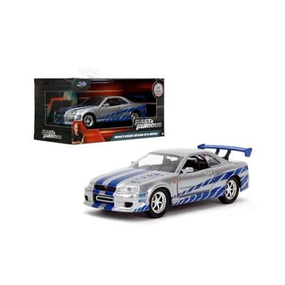 Image of Jada JA97184 Nissan 1:32 Brian&#039;s 1999 Skyline GT R (R34) Silver/Blue, Gris/Bleu