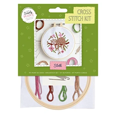 Image of Simply Make Cross Stitch Kit Sloth Design for Kids and Adults, Including Hoop, Embroidery Thread, Fabric Needle Perfect Adult Crafts Beginners Starter Craft