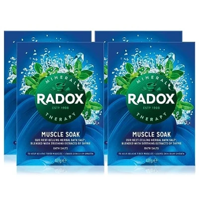 Image of Radox Muscle soak Bath Therapy Thyme Scented Herbal Salt with expertly Blended Herbs and Minerals to Soothe Your Tired Aching Muscles, 400g Multi Buy 4 Pack