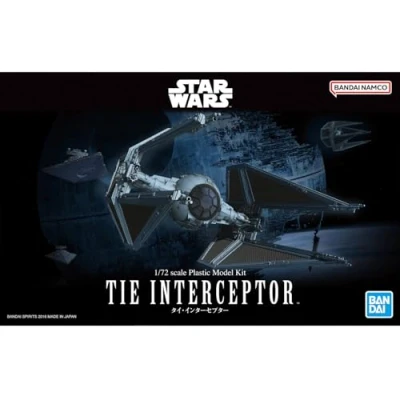 Image of Revell (Bandai Original 01212 Star Wars TIE Interceptor 1:72 Scale Unbuilt/Pre Coloured/Clip Together (Non Glue) Plastic Model Kit with Display Base, Grey