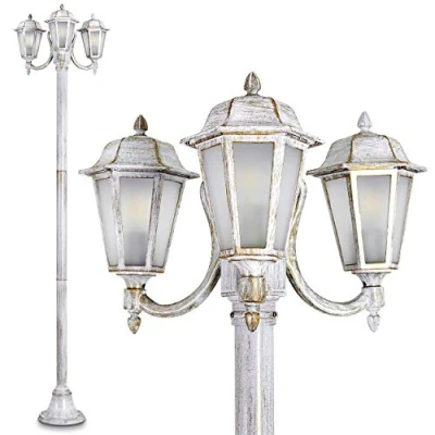 Image of Outdoor lamp NATAL Frost, candelabra in antique look, cast aluminium white/gold with frosted glass panes, 3 arm path light 210 cm, retro/vintage garden lamp, E27 socket, IP44, without bulbs