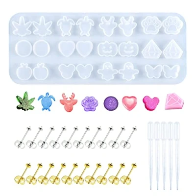 Image of NA Yayatty Pack of 12 Silicone Moulds for Earrings, Resin Jewellery Mould, Casting Includes Mould with 24 Ear Studs and Pipettes, Crafting Earrings Girls