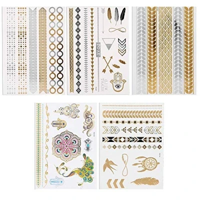 Image of Temporary Tattoo Sticker, 5 Sheets Waterproof Stickers in Shining Gold Silver, Latest and Fashionable Designs for Body Art, to Cover Scars on