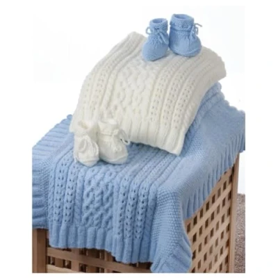 Image of Double Knitting Pattern for Cable Knit Baby Blanket &amp; Bootees (UKHKA 183)