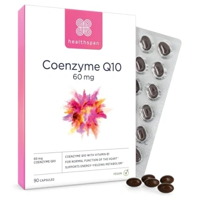 Image of Healthspan Coenzyme Q10 60mg 90 Capsules Added Vitamin B Sunflower Oil Base Optimum Purity Vegan