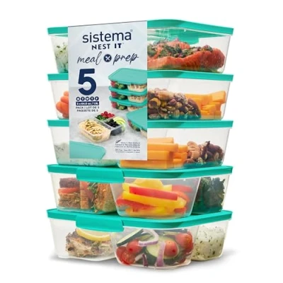 Image of Sistema NEST IT Meal Prep Containers 1.9 L Airtight Food Storage with Compartments &amp; Lids School Lunch Boxes BPA Free Green 5 Count