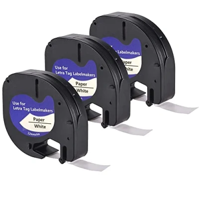 Image of LEYF Pack of 3 Label Tape, Compatible with Dymo 91200, 12 mm x 4 Tape for LetraTag LT 100H, 100H Plus, 100T, 100T 2000, QX50, XM, XR, Waterproof, Black on White ß