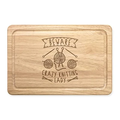 Image of Beware Crazy Knitting Lady Rectangular Wooden Chopping Board