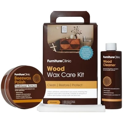 Image of Wood Wax Kit Use to Clean, Wax, Polish &amp; Protect All Items of Such as Furniture, Worktops Doors Contains 250ml Cleaner, 200ml Clear Beeswax Polish, Lint Free Cloth