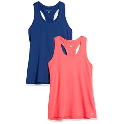 Image of Amazon Essentials Women&#039;s Tech Stretch Racerback Tank Top (Available in Plus Size), Pack of 2, Blue/Coral Pink, S