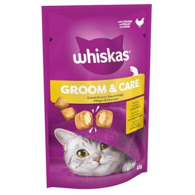Image of Whiskas Groom and Care Cat Treats Small Bite Size Snacks with Chicken Filling 8 x 45 g
