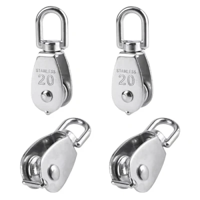 Image of BuxiuGK 4 Piece 20 mm Single Pulley Block Heavy Duty Roller in 304 Stainless Steel Suitable for Rope or Cord Indoor and Outdoor Loading 75KG Silver