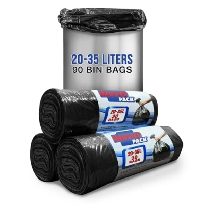 Image of Eco Friendly 20 to 35 Litre Black Bin Bags 100% Recycled Material General Waste or Recycling Trash (90 Counts) Perfect for Kitchen, Bathroom, Office Unscented Liners