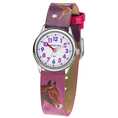 Image of Jacques Farel Children&#039;s Watch Horse Analog Quartz Metal Case Silver Coloured Girls Pink / Purple Leatherette HCC 543