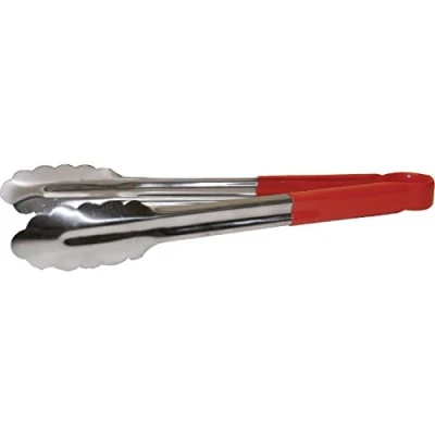 Image of Hygiplas Pro Grade Colour Coded Kitchen Serving Tongs 300mm, Red, Stainless Steel, Red for Raw Meat, Vinyl Coated Handles CB154