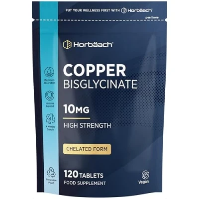 Image of Copper Bisglycinate 10mg Chelated Form High Strength Supplement 120 Vegan Tablets by Horbaach