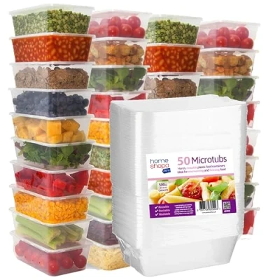 Image of HOMESHOPA Plastic Food Storage Containers, 50 Pack 500ml Clear Rectangular Microwave Takeaway Tubs with Lids, BPA Free Stackable Airtight Reusable, Dishwasher &amp; Freezer Safe