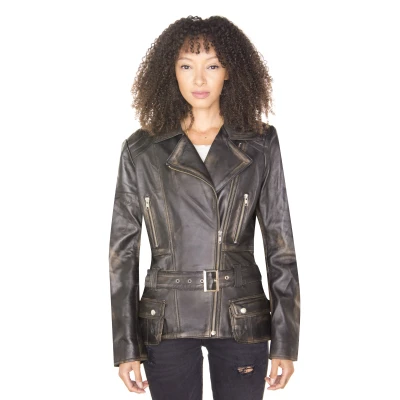 Image of Ladies Black Long Feminine Leather Biker Jacket 14