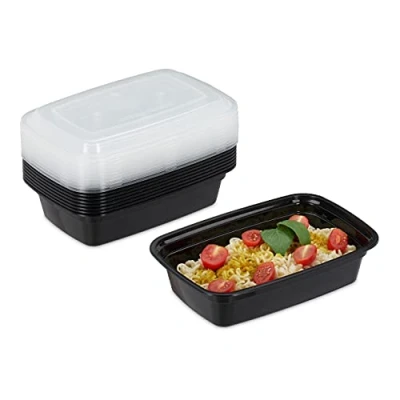 Image of Relaxdays Meal prep containers, Set of 10, 1 Compartment, 1000 ml, Suitable for The Microwave, prepbox, Plastic, Black, 10er