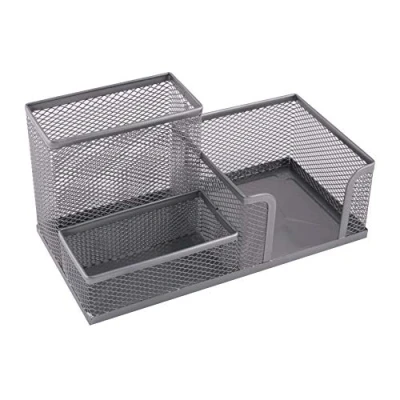 Image of LEVIATAN D.RECT Desk Organiser with Pen Holder and Memo Metal Mesh 205 x 103 98 mm Silver