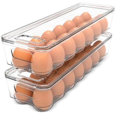 Image of Kichly Egg Container For Refrigerator 14 With Lid &amp; Handle, Holder Fridge, Storage Tray (Clear, Pack of 2)