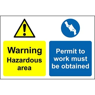 Image of Construction site safety Hazardous area permit to work must be obtained sign 1.2mm rigid plastic 300mm x 200mm