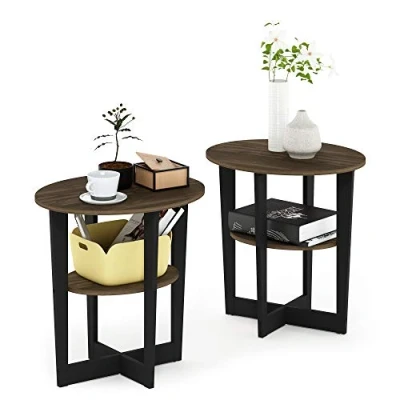 Image of Furinno Oval End, Side Table, Nightstand, Engineered Wood, Columbia Walnut/Black, 2 Pack