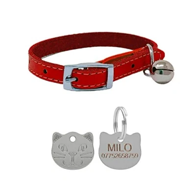 Image of JK Leather Cat Collar, Safety Elastic Bell &amp; Engraved Face Tag (Red)