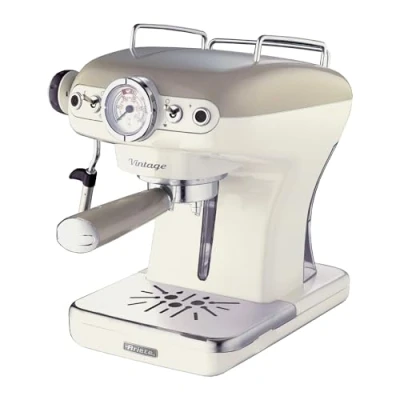 Image of Ariete 1389/13 Retro Style Espresso Machine and Built in Milk Frother, Barista Coffee Maker Ideal for Americanos, Lattes Cappuccinos, Filter Holder Powder or Pods, Beige