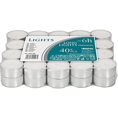 Image of Bispol Tea Lights, 40 Stacked, Bispol, Small Tealights, 6 Hours Burning, Odourless, 1.85 x 3.9 mm Diameter