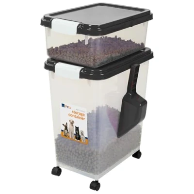 Image of Taylor &amp; Brown 3 Piece Airtight Pet Food Storage Container With Plastic Measuring Scoop Treats For Dog Cat Animal Dry Dispenser Casters, Black