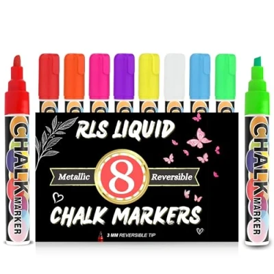Image of RLS Liquid Chalk Markers Erasable, 8 Colour Neon Pens for Chalkboard Reversible Nibs 3mm Fine Round or Chisel Tip, Wipeable Blackboard Non Porous Blackboard, Glass