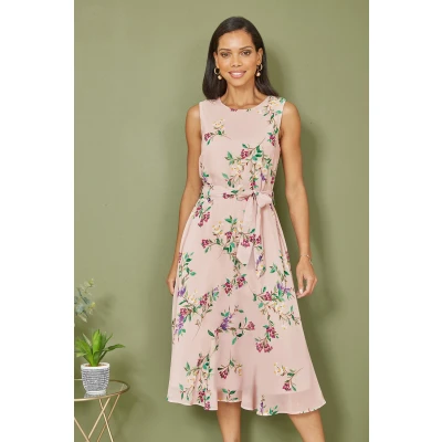 Image of Yumi Blush Floral Print Midi Skater Dress 8 Pink