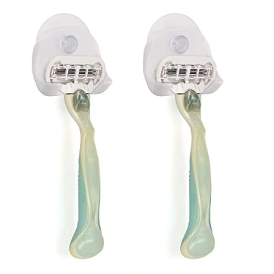 Image of kwmobile 2X Razor Holder with Suction Cup Self Adhesive Shaver Wall Mount Bathroom Organizer for Glass and Tiles White