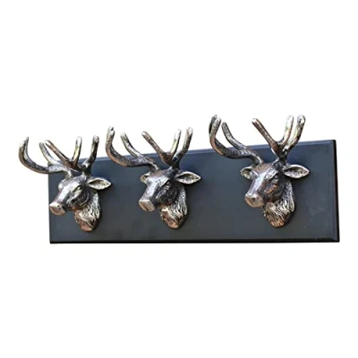 Image of Triple Stags Head Hooks On Black Wooden Base