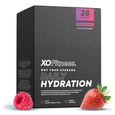 Image of XO Fitness Hydration Sachets Key Electrolytes Immunity Support with Essential Vitamins &amp; Minerals Zero Sugar Low Calorie Multipliers Mixed Berry (28 Count)