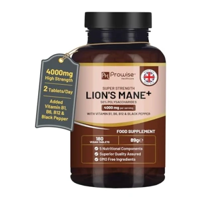 Image of Lions Mane Mushroom Supplement 4000mg with Vitamin B1, B6, B12 &amp; Black Pepper 180 Super Strength Vegan Tablets 50% Polysaccharides (Not Powder or Capsules) Made in The UK by Prowise
