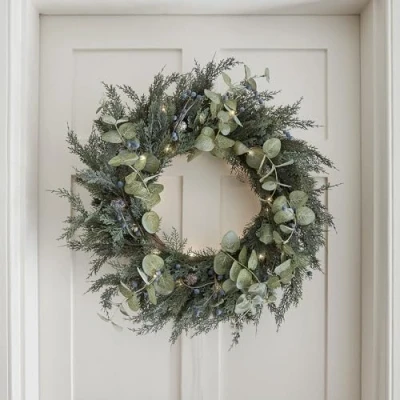 Image of Lights4fun Pre Lit 50 Micro LED Battery Operated Oversized Artificial Berry &amp; PInecone Christmas Wreath 66cm Indoor and Outdoor Use