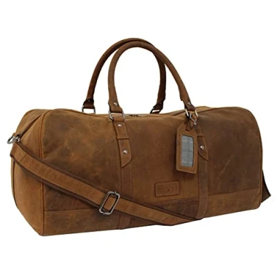 Image of JCB Genuine Leather Deluxe Holdall Travel Duffle Bag Large Capacity Real (Large, Tan)
