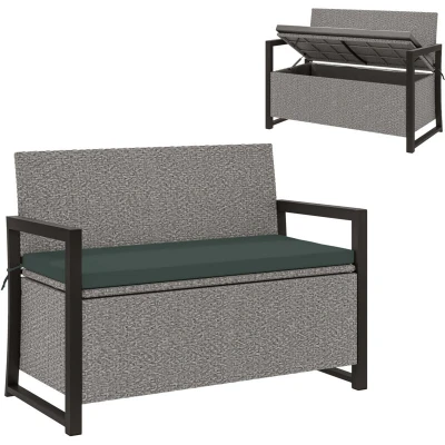 Image of Outsunny Garden Storage Bench with 151.5L Capacity, Inner Bag, 2 Seater PE Rattan Outdoor Storage, Cushion, Wicker Loveseat for Patio, Grey