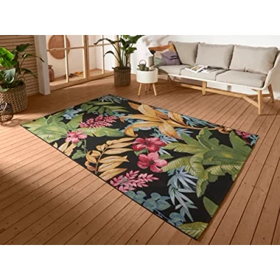 Image of HANSE Home Tropical Flowers Indoor &amp; Outdoor Rug Flat Weave Rug, Jungle Floral Design, Oeko Tex Weatherproof UV Resistant for Balcony, Patio, Garden, Colourful, 80 x 165 cm