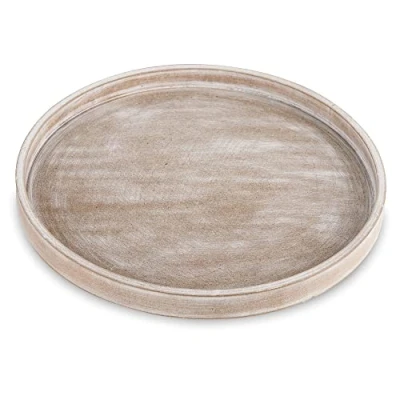 Image of Hanobe Decorative Coffee Table Tray: White Washed Wood Tray Round Rustic Wooden Trays Circle Farmhouse Centerpiece Candle Holder for Home Decor Ottoman Counter Display Living Room Organizer 12&quot;